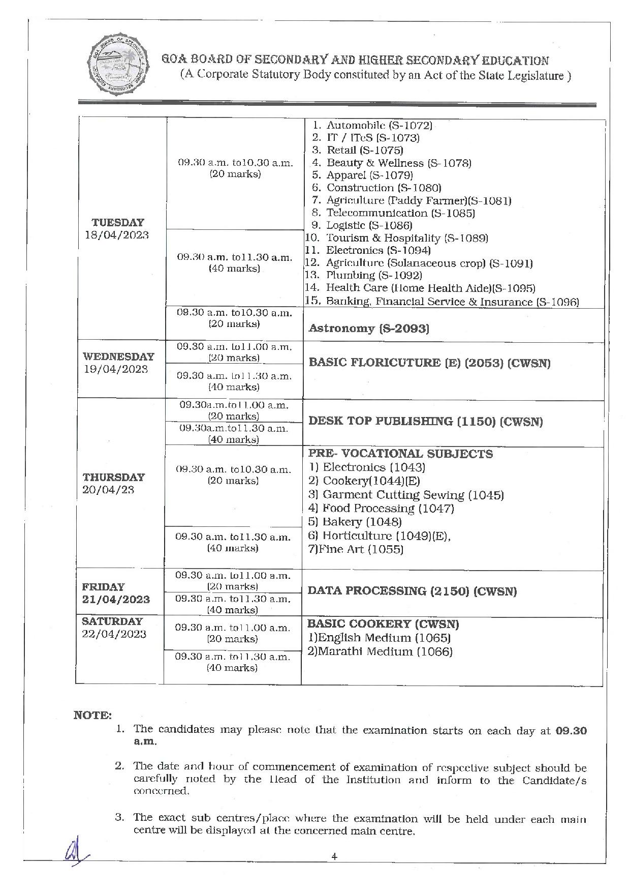 Goa SSC Exam Schedule 2023