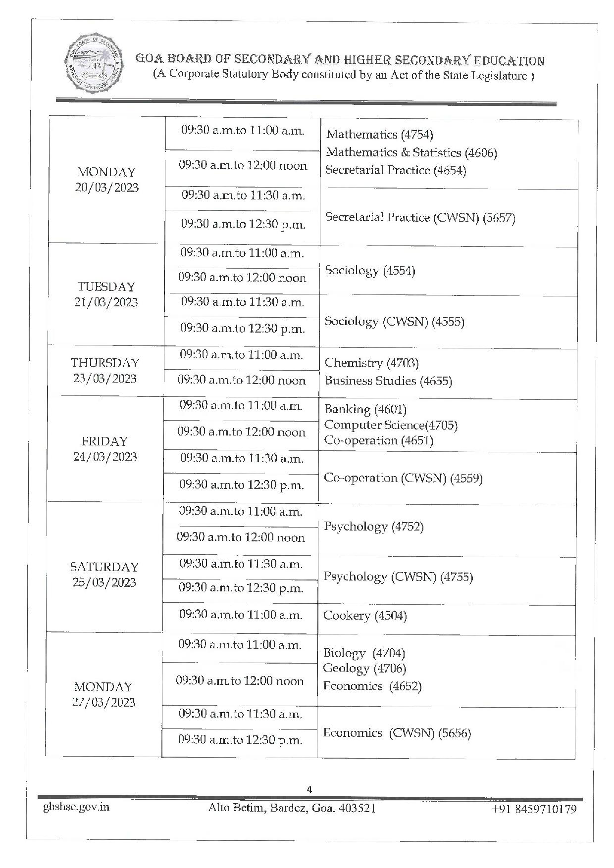 Goa HSSC Exam Schedule 2023